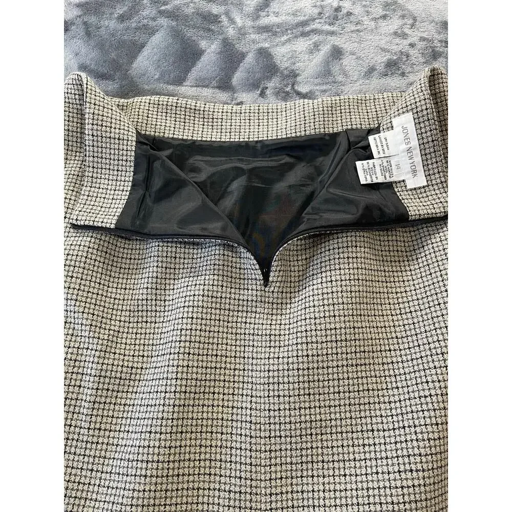 Jones New York 14 Worsted Wool Gray Houndstooth Belt Loop Skirt Made in USA